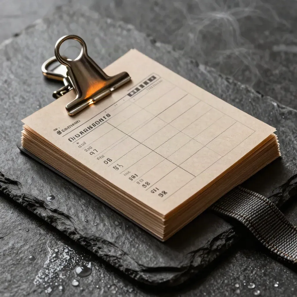 Freight schedule tabs and metal clip on wet slate, shot from above with amber glints.