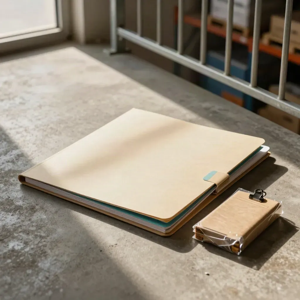 Warehouse flow audit folder, dock tin, cards and pallet-corner sample on a concrete mezzanine.
