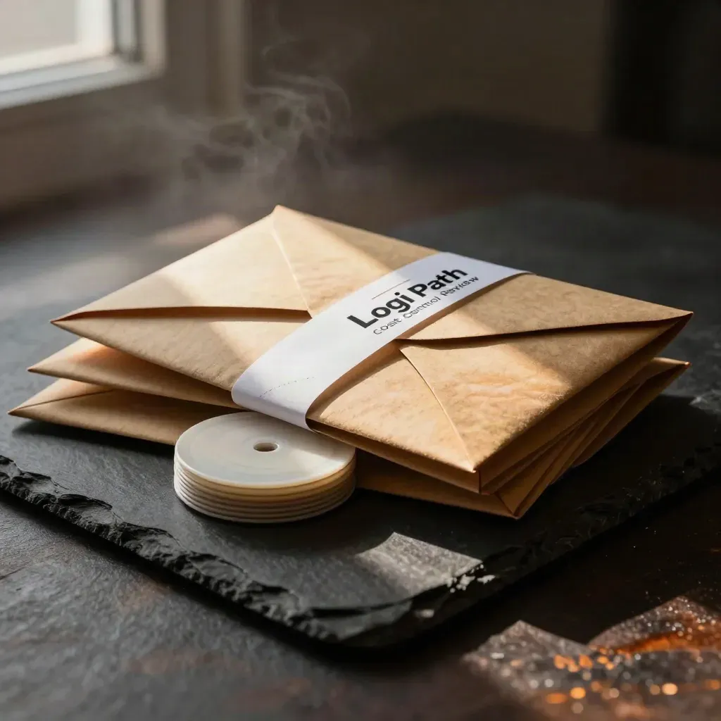 Amber-lit cost control review pack with envelopes, tally discs and paper band on dark slate.