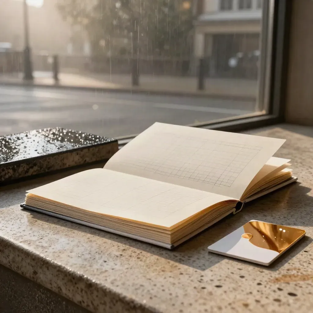 Rain-swept London audit folio with street-grid sheets, curb-stone sample and token tray