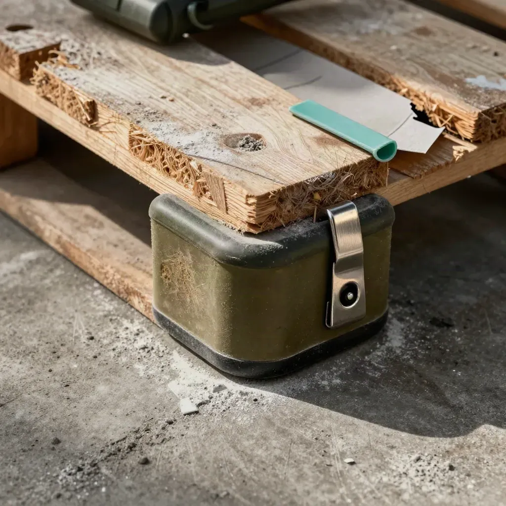 Macro dock kit details on a dusty bay floor with steel clip and pallet edge