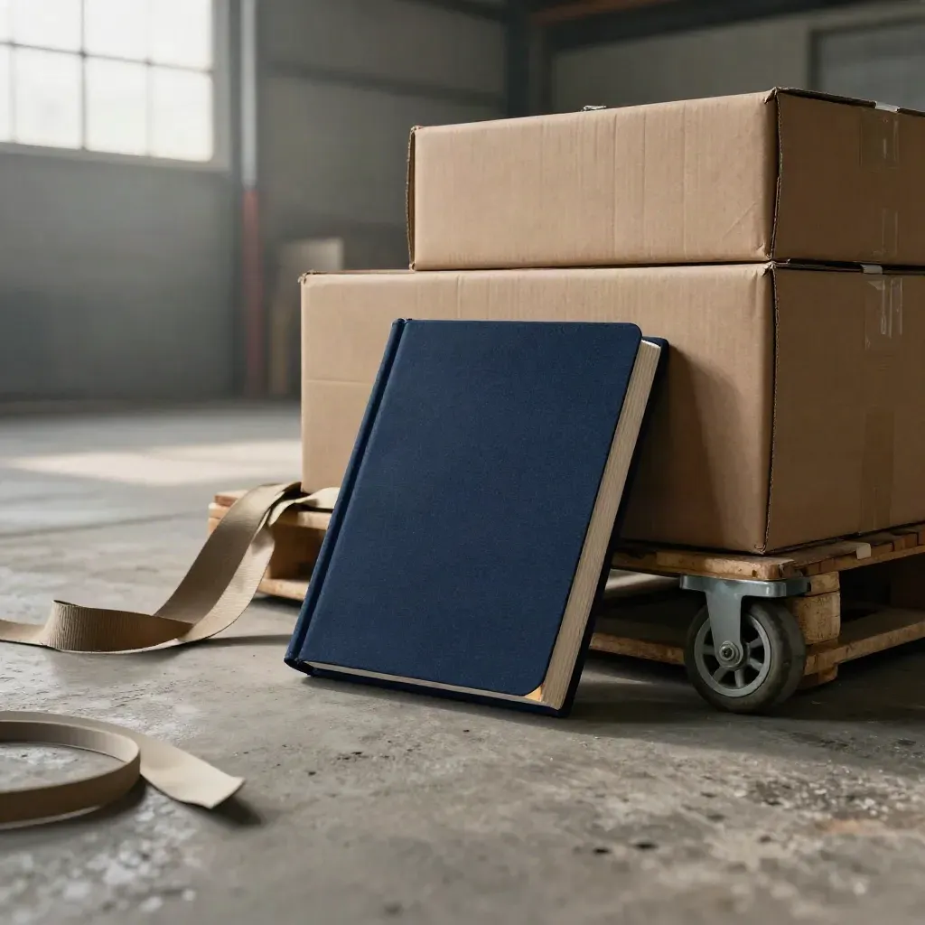 Distributor stock flow folio by cartons, strap loops and a trolley wheel in a hazy warehouse van bay.