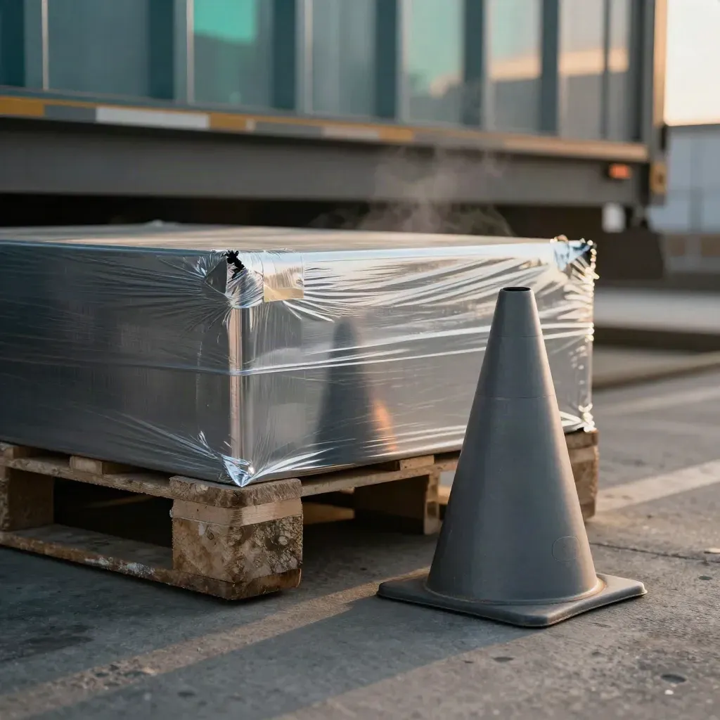 Industrial freight review pack with steel offcut, wrapped pallet corner and dock cone on concrete.