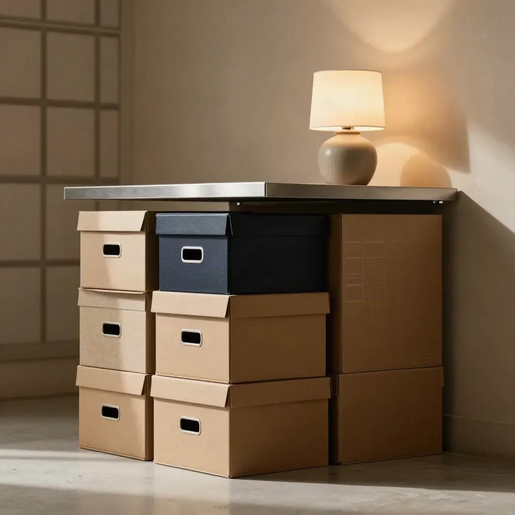 Warm logistics office corner with archive boxes, a glowing ceramic lamp, and open floor space below.