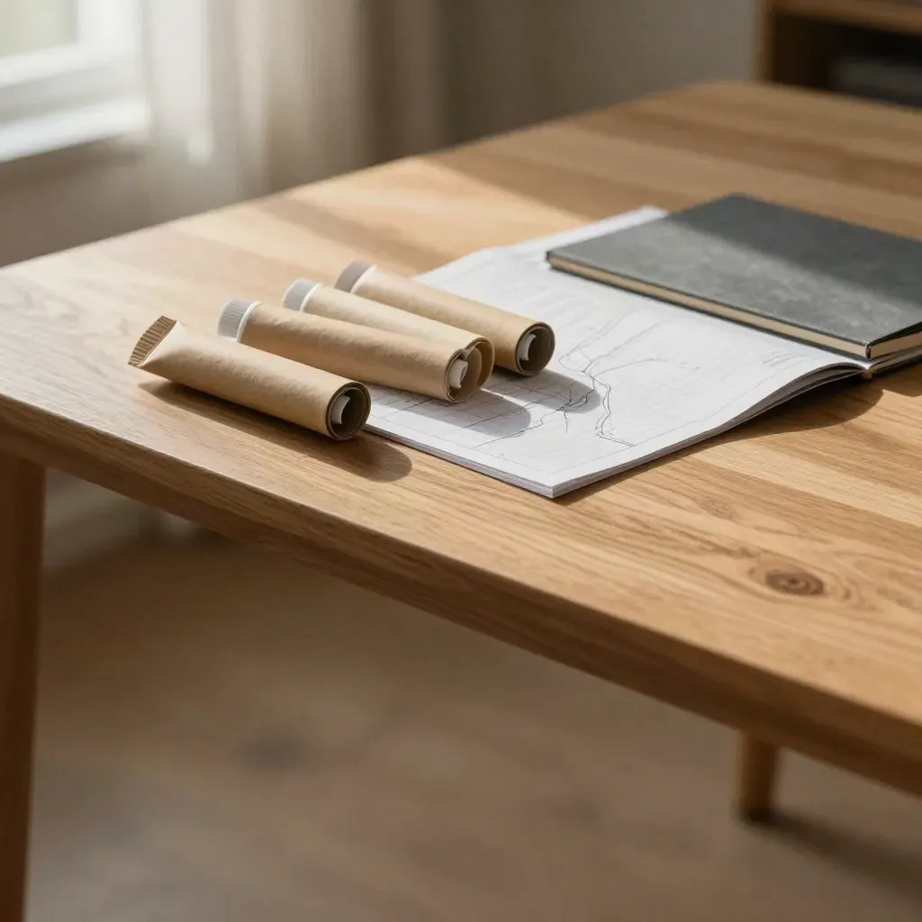 Pale oak route-planning table with kraft tubes and a folded sheet in soft morning light